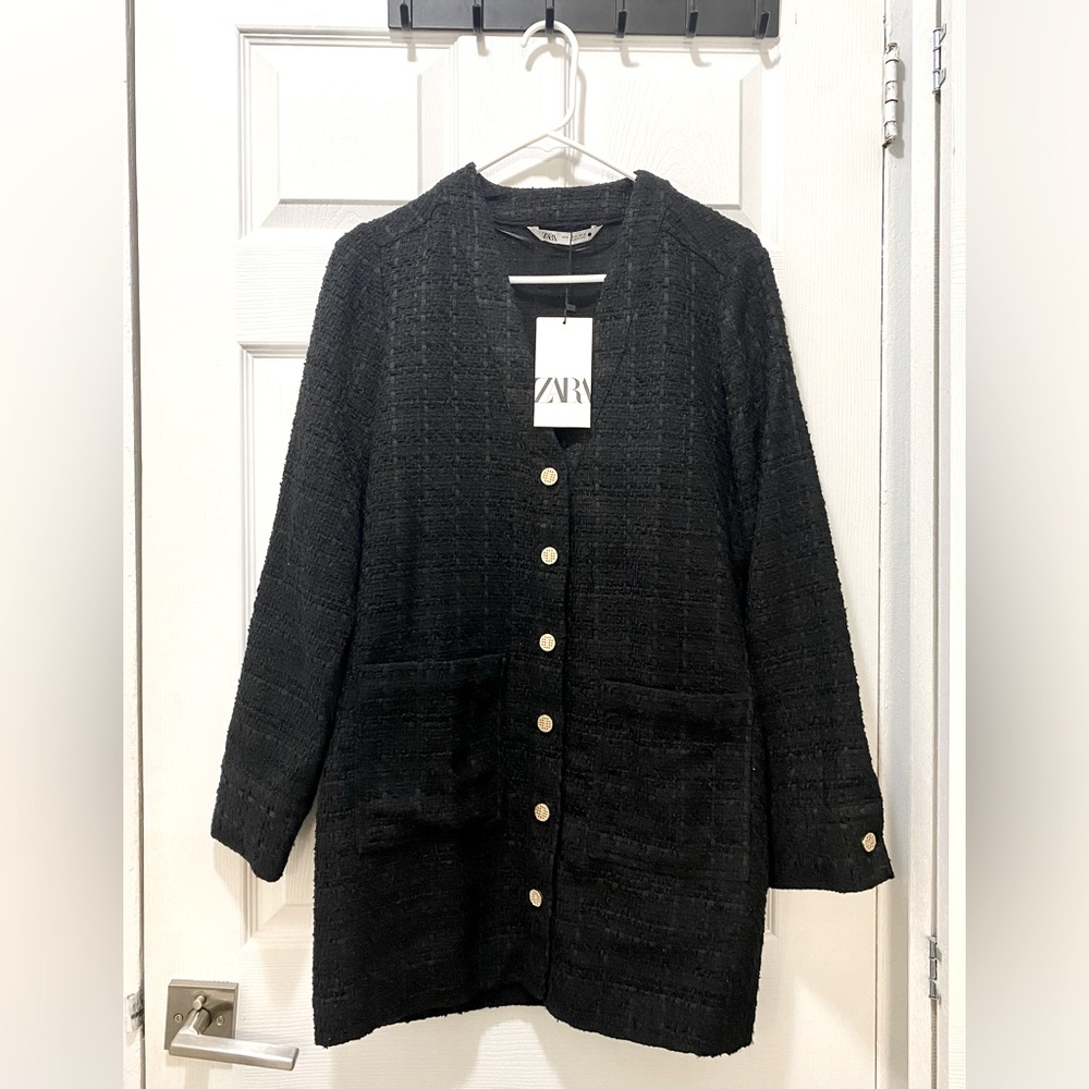 Zara knit black cardigan jacket with gold buttons